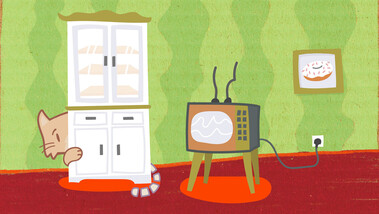 Illustration aus dem Mobile Game KatzeQ mit Cartoon-Wohnzimmer und Retro-Fernseher.